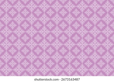 Un patrón de tela de inspiración tailandesa sin costuras con motivos geométricos de diamantes en tonos suaves púrpura y blanco, creando un aspecto textil elegante y tradicional.