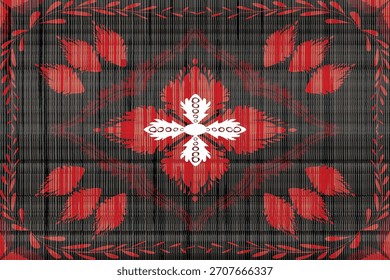 Patrón ornamental floral de inspiración tailandesa sin costuras en rojo y blanco sobre fondo negro con textura tejida clásica y borde decorativo. Ideal para textiles, Fondos de pantalla y proyectos de diseño étnico.