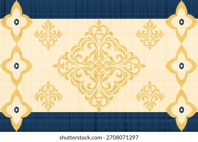 Seamless Thai-inspired gold ornamental pattern on cream background with navy borders and classic symmetrical motifs. Ideal for textiles, wallpapers, fabrics and elegant ethnic decorative designs.