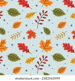 Seamless thanksgiving, colorful, fall, autumn pattern, background with maple, oak leaves. Vector Illustration