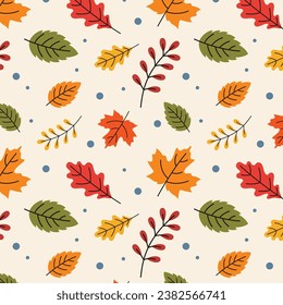 Seamless thanksgiving, colorful, fall, autumn pattern, background with maple, oak leaves. Vector Illustration