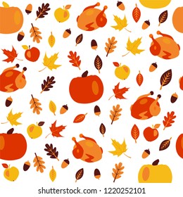 Seamless thanksgiving day pattern with pumpkin, maple and oak  leaves and turkey.