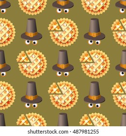 Seamless Thanksgiving day pattern with pumpkin pie and hat. Autumn vector background.  Decorative elements for your packaging design.