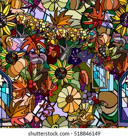 Seamless Thanksgiving day pattern with pumpkins and leaves. Autumn vector background. Hand drawn. 
