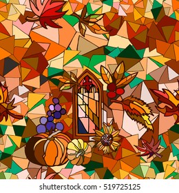 Seamless Thanksgiving day pattern with pumpkins and leaves. Autumn vector background. Hand drawn. 