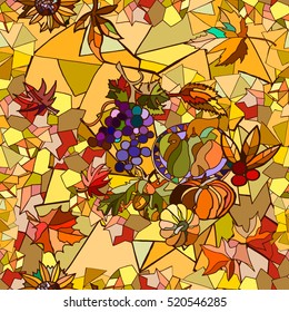Seamless Thanksgiving day pattern with pumpkins and leaves. Autumn vector background. Hand drawn. 