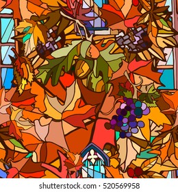 Seamless Thanksgiving day pattern with windows and leaves. Autumn vector background. Hand drawn. 
