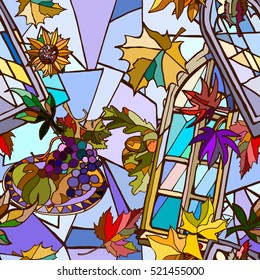 Seamless Thanksgiving day pattern with windows and leaves. Autumn vector background. Hand drawn. 