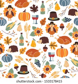 Seamless Thanksgiving day vector pattern with pumpkins, hats, sunflowers, turkey, hedgehog, wine bottle, and leaves. Autumn repeating background for party invitation, fabric, packaging, dinner party