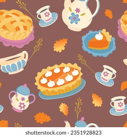 Seamless Thanksgiving dinner  pattern with pumpkin pie, kettle, leaves, cofffee and tea. Fall background. Vector  Thanksgiving wallpaper.