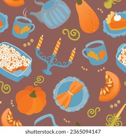 Seamless Thanksgiving dinner pattern with pumpkin pie, sweet potao, pumpkin, kettle, cofffee and tea. Fall background. Vector  Thanksgiving wallpaper.