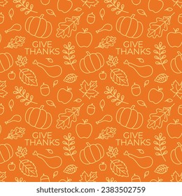 Seamless thanksgiving, fall, autumn pattern, on orange background. Vector Illustration