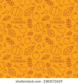 Seamless thanksgiving, fall, autumn pattern, on orange background. Vector Illustration