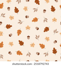 Inconsútil acción de gracias, otoño, fondo de patrón de otoño con hojas de otoño y bellotas. Ilustración vectorial sin patrón tema de otoño.