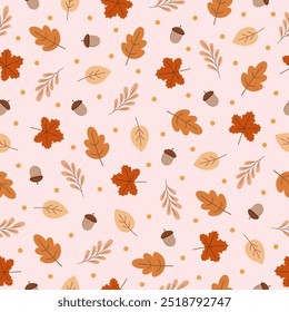 Seamless thanksgiving, fall, autumn pattern background with maple, leaves and acorns. Vector Illustration seamless pattern autumn theme.