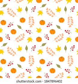 Seamless Thanksgiving fall pattern with pumpkin colorful maple ash leaves, twigs, winterberries on white background. Autumn nature forest backdrop for gift wrapping paper scrapbook kids crafts