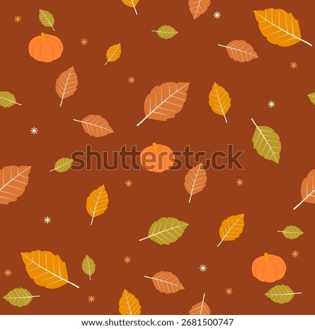 Seamless Thanksgiving and Halloween repeating pattern with Autumn leaves and pumpkins. Warm brown pumpkin and dry leaf background. Fall season holiday decoration wallpaper. Vector illustration