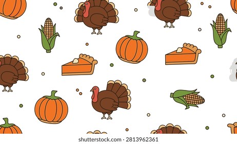 Seamless Thanksgiving holiday pattern featuring cartoon turkeys, orange pumpkins, slices of pumpkin pie with whipped cream, and ears of corn on a plain white background.