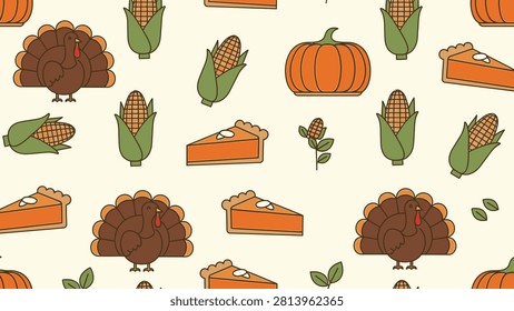 Seamless Thanksgiving holiday pattern featuring flat vector illustrations of brown turkeys, orange pumpkins, slices of pumpkin pie, and yellow corn on the cob on a cream background.