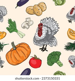 
Seamless Thanksgiving pattern with bright elements, turkey, pumpkin and vegetables
