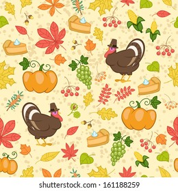 Seamless Thanksgiving pattern with colorful autumn leaves, pumpkin pie, grapes, pumpkins and turkey with hat. Vector illustration