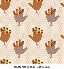 Seamless Thanksgiving Pattern Of Colorful Hand Print Turkeys And Chicken Wire 