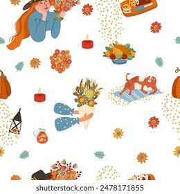 Seamless Thanksgiving pattern design with girl and Bouquet, turkey, cupcake, ginger cat. Vector hand drawn illustration. Cozy, cuddly, abstract.