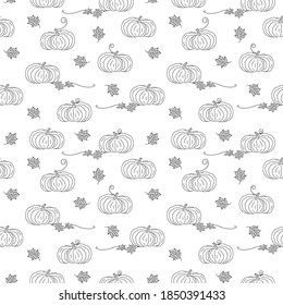 Seamless Thanksgiving pattern with hand drawn pumpkins leaves swirl elements in black and white graphic style. Creative holiday fall background for product surface design, fabric