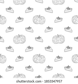 Seamless Thanksgiving pattern with hand drawn pumpkins pie slices in black and white graphic style. Creative holiday fall background for product surface design, fabric, tissue paper