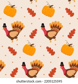 Nahtloses Thanksgiving-Muster mit Blättern, süßem Truthahn und Kürbis.Design für Textilien, Druck, Wickelpapier und festliche Dekoration.Vektorgrafik
