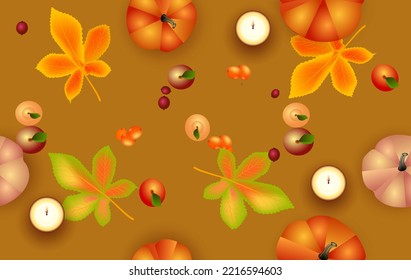 Nahtlose Thanksgiving-Muster mit Kürbis, Blättern und Kerzen