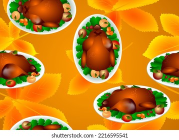 Seamless Thanksgiving pattern with roast turkey and leaves