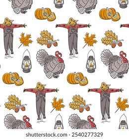 Seamless Thanksgiving pattern with scarecrows, pumpkins, turkeys, lanterns, and autumn leaves, showcasing the spirit of the harvest season. Vector hand drawn doodle illustrations