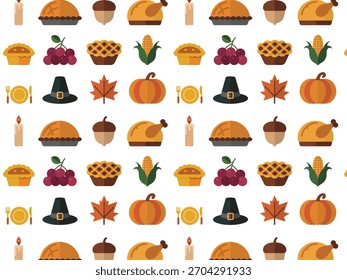 A seamless Thanksgiving pattern with turkey, pies, pumpkins, corn, acorns, leaves, hats, and candles, illustrated in a flat vector style on a clean white background for holiday and fall-themed designs