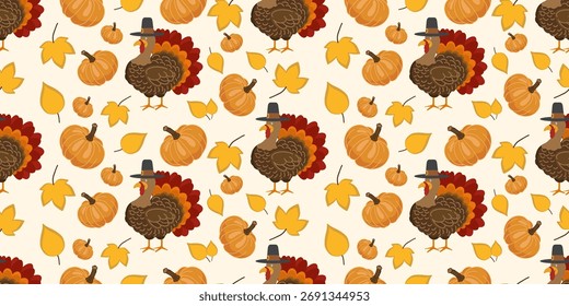 Seamless Thanksgiving pattern with turkey, pumpkin and autumn leaves