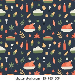 Seamless Thanksgiving pattern. Vector texture illustration with roast turkey, mashed potatoes, pie, wine, corn, autumn decor with leaves, acorns and chestnuts.