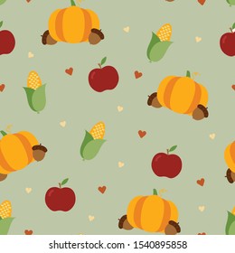 Seamless thanksgiving repeat pattern. Fall pumpkin, leaves, and acorn. Printable pattern or background wallpaper. Cute autumn and fall pattern.