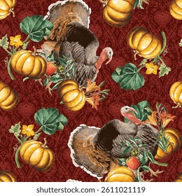Seamless Thanksgiving turkeys pattern with pumpkins vintage style