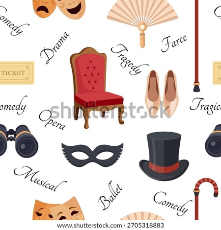 Seamless theatre pattern with classic stage elements: masks, chair, fan, ticket, top hat, binoculars, ballet shoes and cane. Elegant repeating design for arts, events and creative projects.