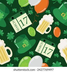 seamless, thematic pattern for St. Patrick's Day, which consists of thematic elements, namely a glass of beer, balloons, clovers and thematic calendars on a dark green background