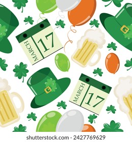 seamless, thematic pattern for St. Patrick's Day, which consists of thematic elements, namely a glass of beer, balloons, clovers and thematic calendars on a white background