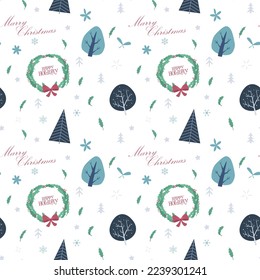 Seamless themed pattern for winter holidays. For christmas and new year illustration with "Merry Christmas" gifts, warm knitted scarf, leaves and elements. for clothes, printing, stickers, atmospheric