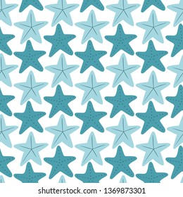 Seamless themed vector pattern. Hand drawn blue various starfish on white background. Marine life vector wrapping paper. Underwater animals fabric design.