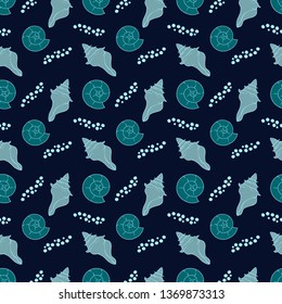 Seamless themed vector pattern. Hand drawn blue various seashells on dark blue background. Doodle dots drawing. Marine life vector wrapping paper. Underwater animals fabric design.