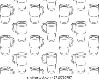Seamless thermos mug pattern illustration showcases diverse coffee mugs, ideal for winter coffee shop menus and cozy beverage promotions with inviting ambiance