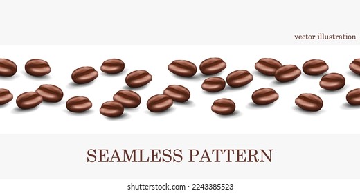 Seamless thin horizontal pattern of realistic vector 3d coffee bean icons with shadows isolated on white background