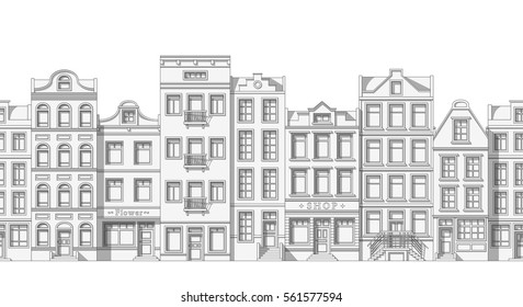 Seamless thin line cityscape background with classic houses 