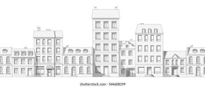 Seamless thin line cityscape cartoon background