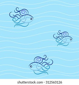 Seamless thin waves and vignette fish in blue colours