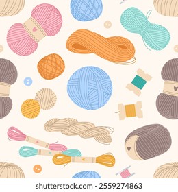 Seamless thread balls. Repeated skeins of knitting skeins of knitting yarn, buttons and threads for sewing and embroidery. Decor textile, wrapping, wallpaper design. Print vector background